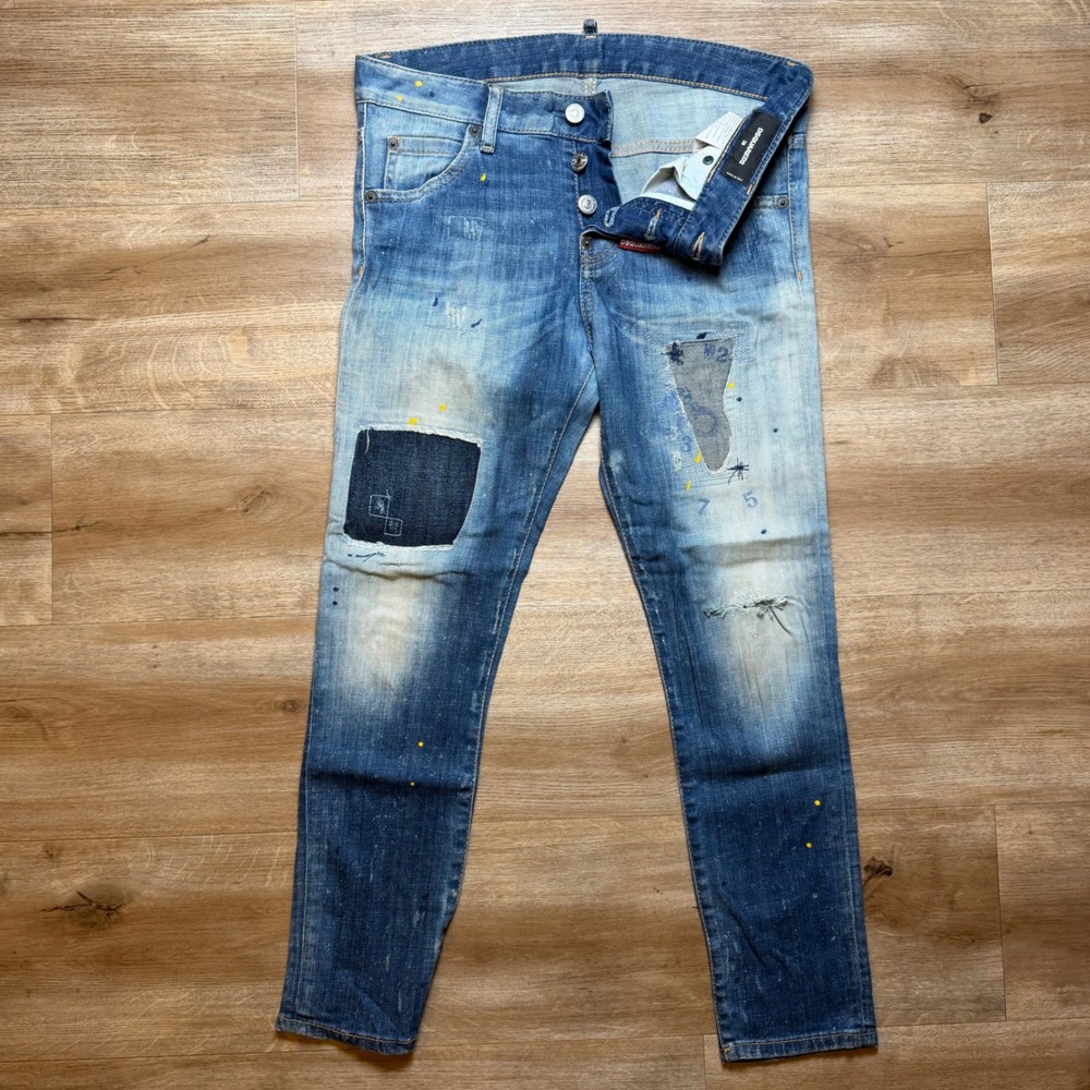 Dsquared2‎ Cool Girl Cropped Jeans Womens 38 Distressed Patchwork Paint Splatter